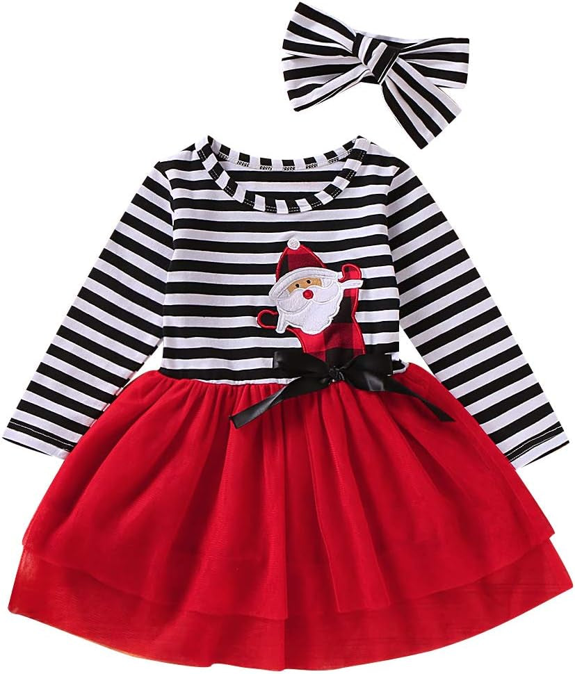 Santa print tutu Christmas dress with headband for toddler girls