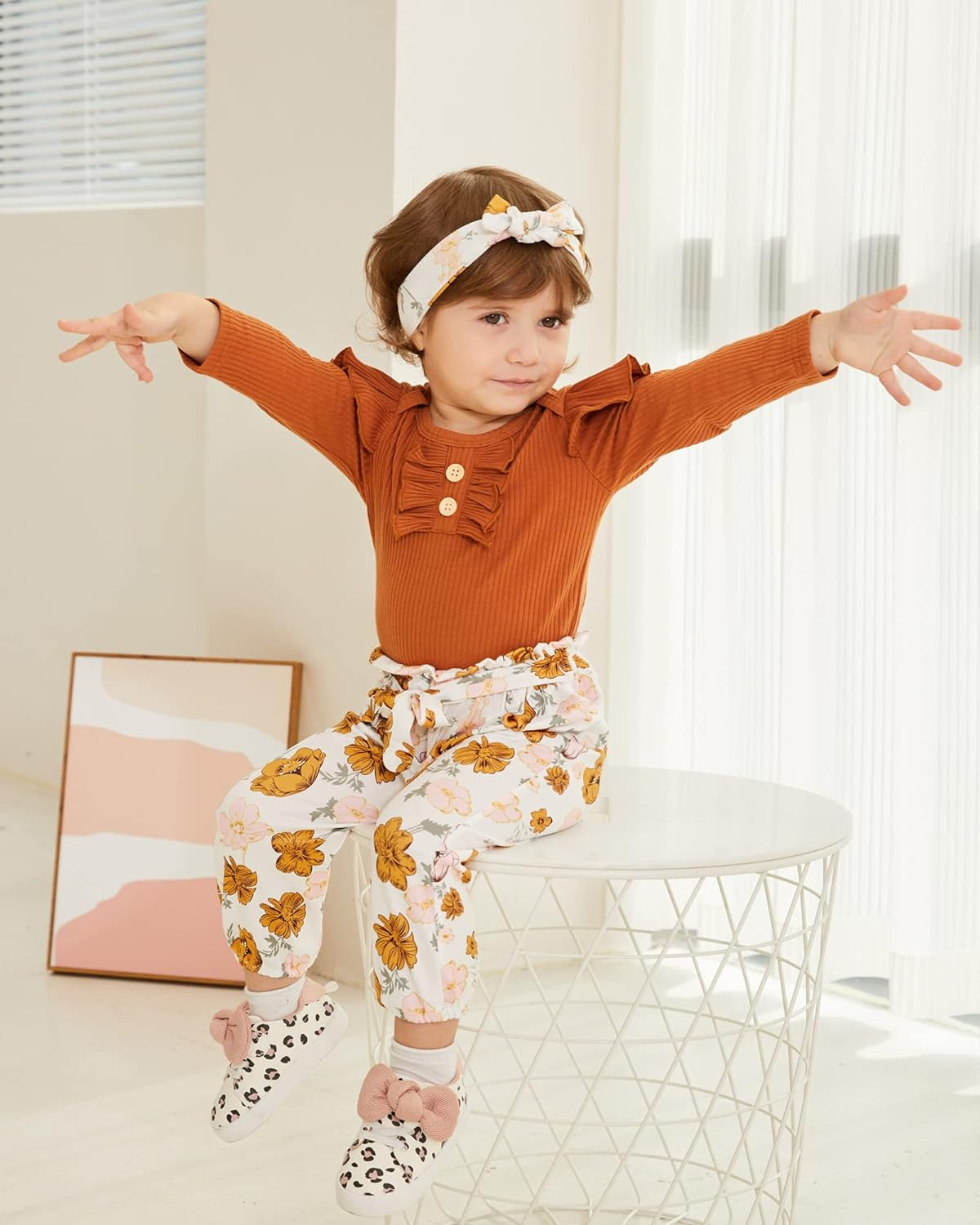 Newborn Baby Girls' Ribbed Ruffled Romper with Floral Pants and Headband Outfit Set